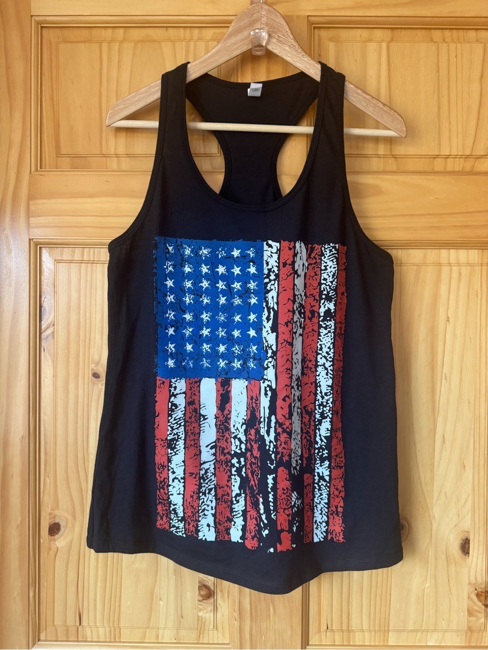 Black Racerback Tank with Distressed American Flag Graphic Print Size XL